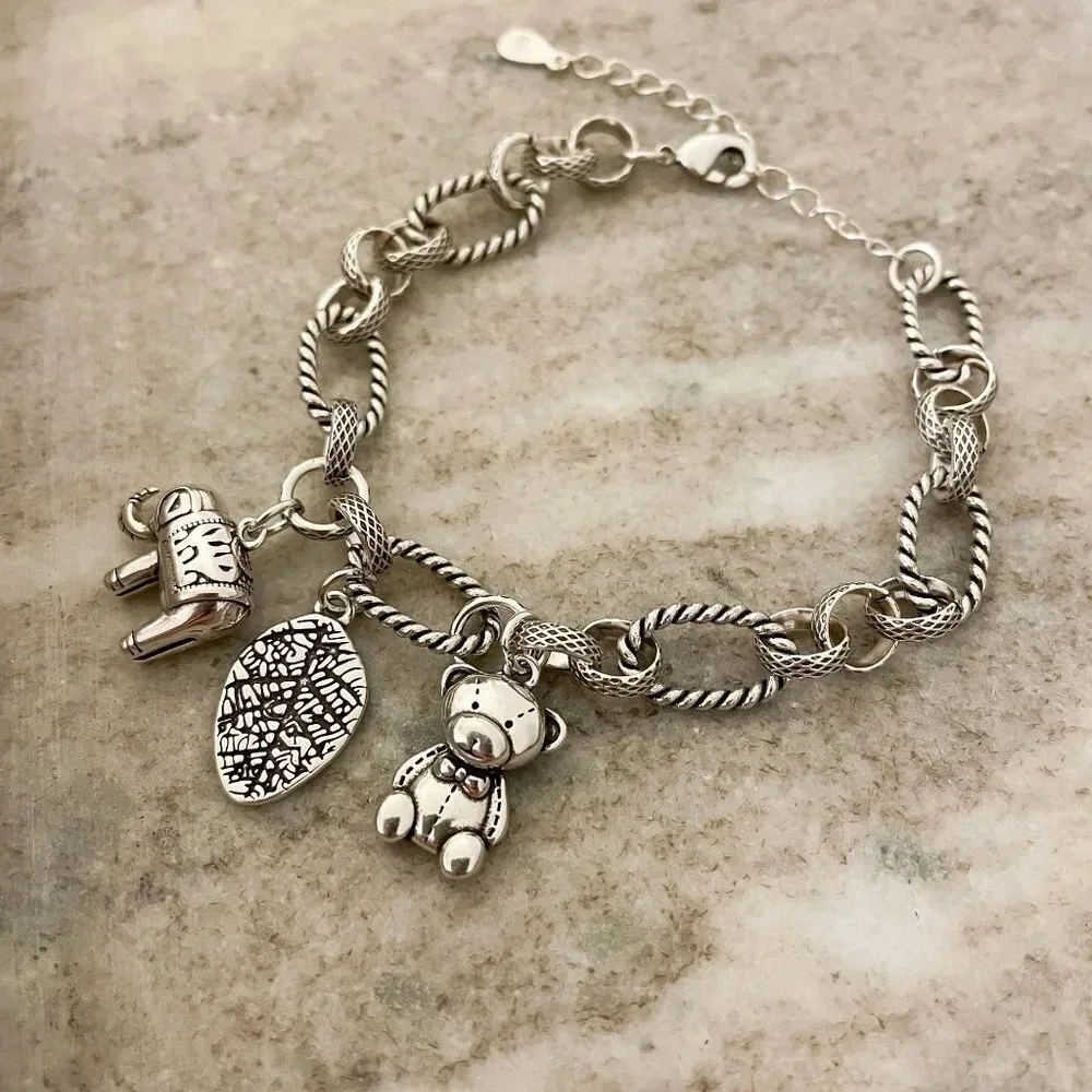 925 Sterling Silver Elephant Bear Leaf Charm Bracelet Chain Link Bracelet